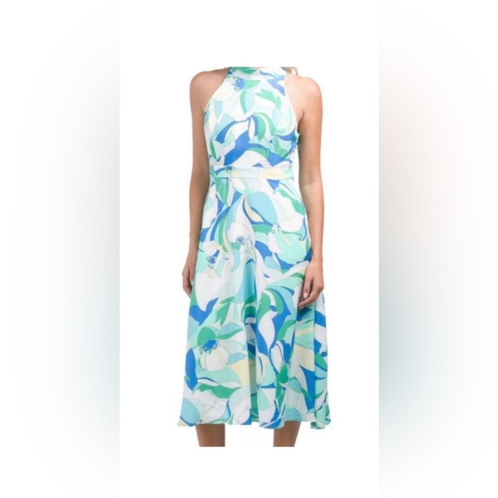 Tahari ASL - Sleeveless Floral Tie-Neck Halter Midi Dress in Blue Green